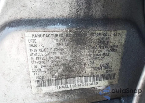 2004 Nissan Altima 2.5 S z USA, uszkodzony, nr VIN 1N4AL11D44C195646